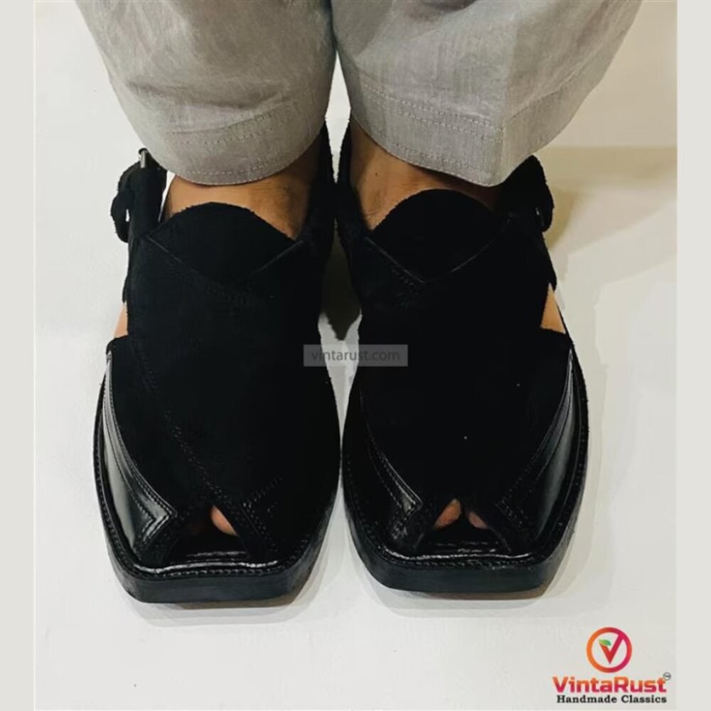 Handmade Suede Peshawari Sandals: Comfortable Black Chappal
